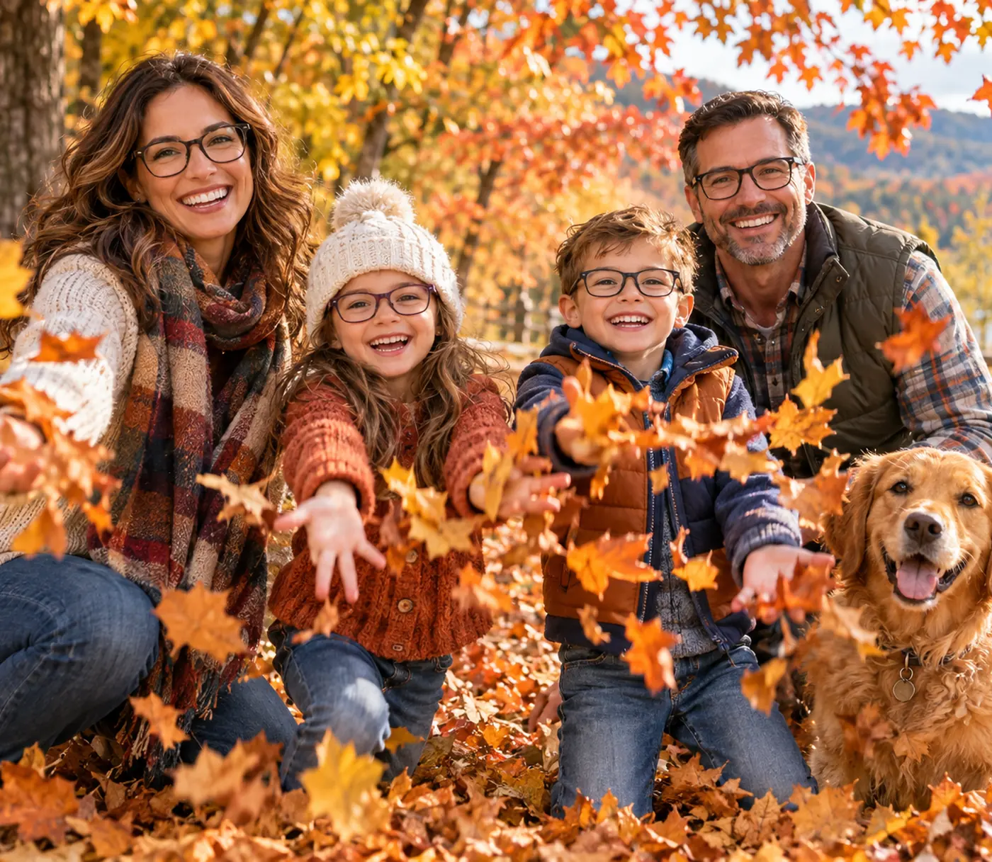 Family of four in prescription glasses playing in autumn leaves with their dog
