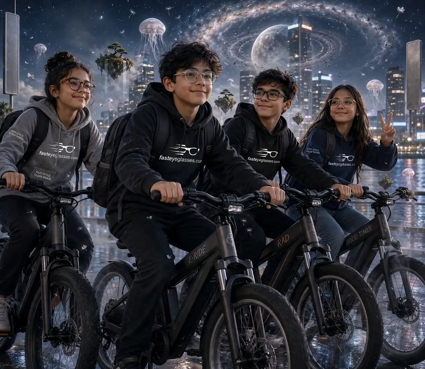 Four teens in prescription glasses riding bikes in Fast Eyeglasses hoodies
