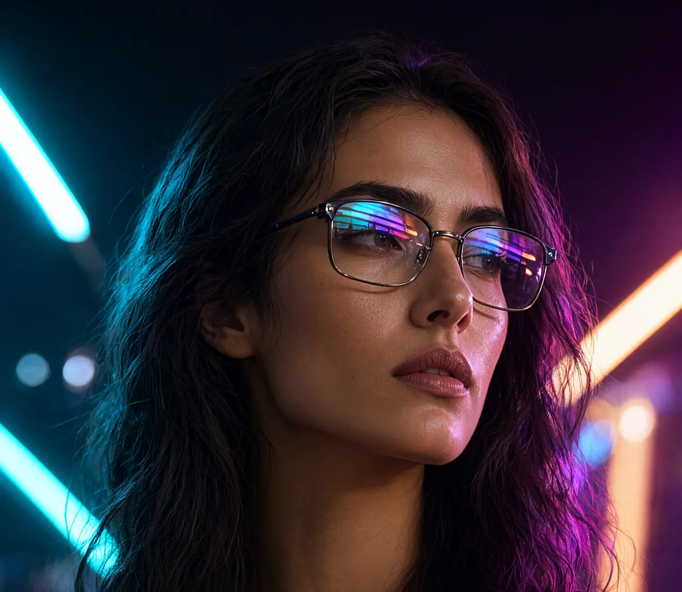 Woman in metal rectangle eyeglasses under neon light