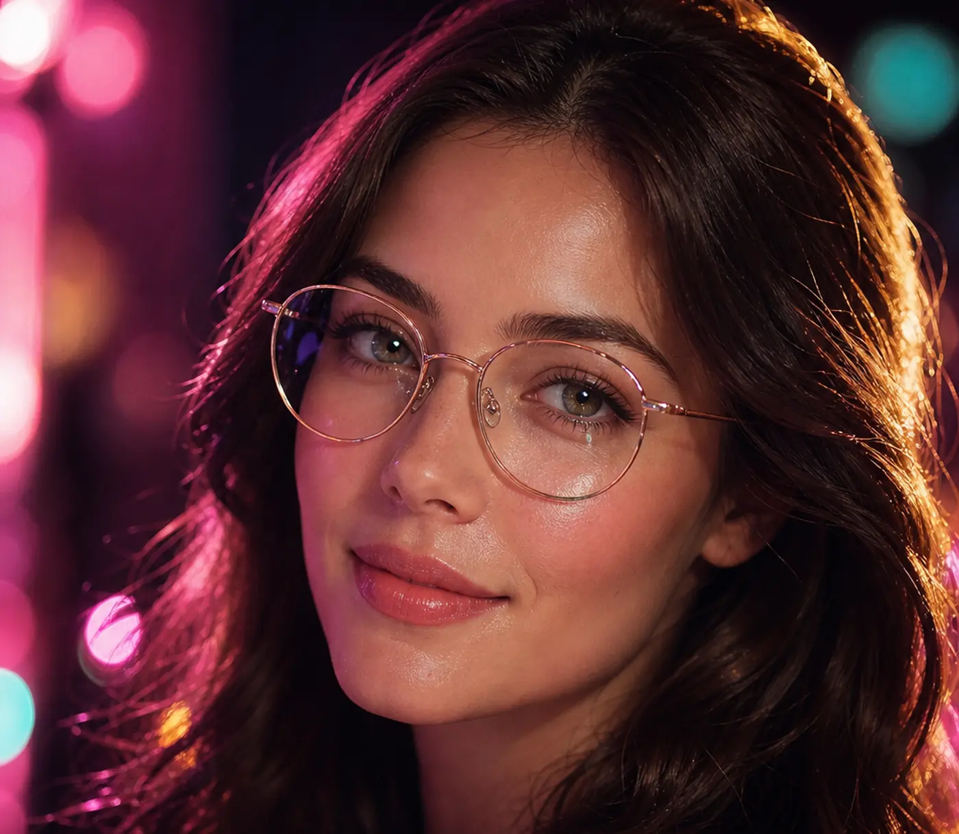 Woman in rose gold round eyeglasses