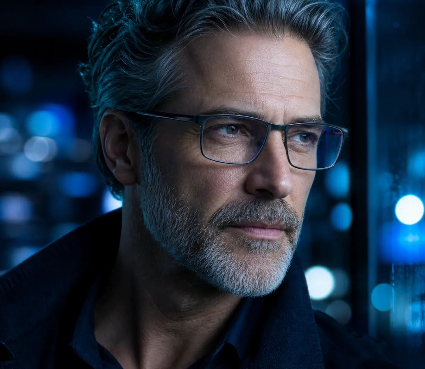 Man with gray hair in thin metal rectangle eyeglasses