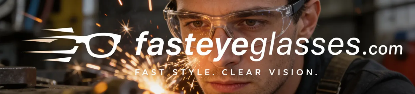 Welder wearing clear prescription safety glasses. Fast Eyeglasses: fast style, clear vision.